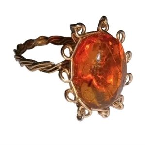 Vintage Art Deco 14KT Yellow GF Gold Fill Wire & Genuine Baltic Amber Ring Sz 6